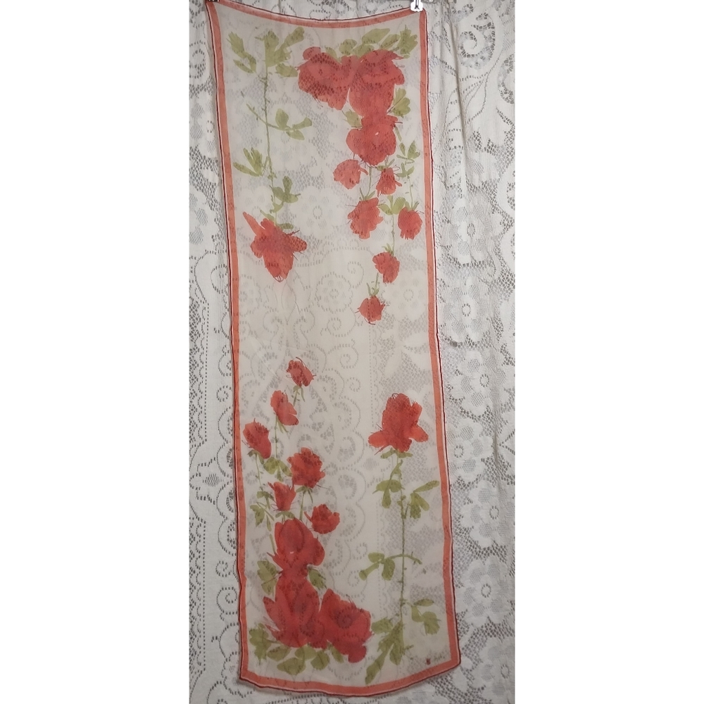 1960s Vera Oblong Silk Chiffon Scarf 42"×14" Rose Print Red Green Sheer Vintage